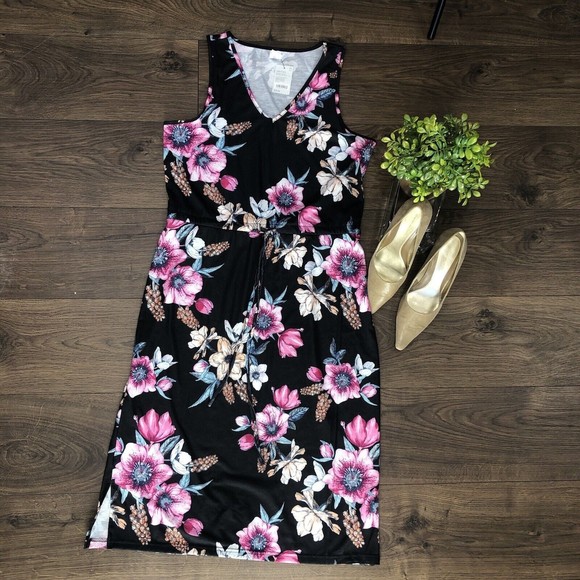 New WestLoop Floral  A-Line Drawstring Waist Short Knit Tank Dress Sz L -Bla… - Picture 10 of 12